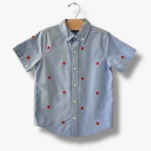 Janie and Jack Boys Shirt Size 6 Blue Hibiscus Embroidered Short Sleeve Cotton